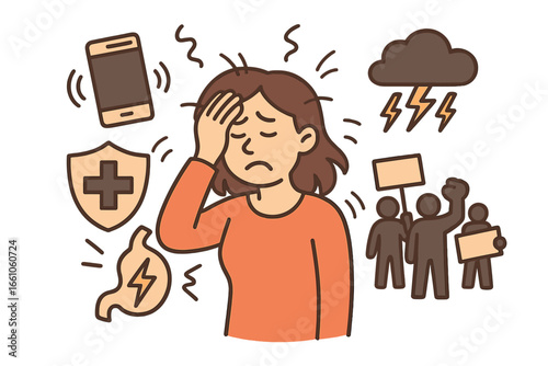Stressed woman overwhelmed by technology, bad news, health issues. Concept of anxiety, burnout, information overload. Mental health crisis, depression, social unrest vector cartoon.
