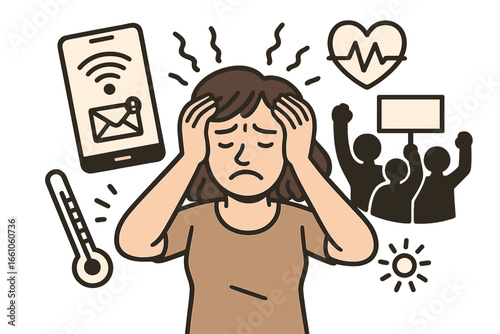 Stressed woman overwhelmed by technology, health issues, and social unrest. Concept of modern anxiety, burnout, and mental health crisis. Information overload vector cartoon.
