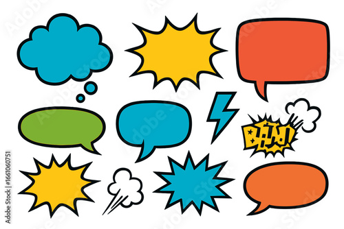 Set of colorful comic speech bubbles. Pop art style vector illustration. Empty cartoon communication bubbles, explosion and bang sound effect for dialog. Retro design elements.