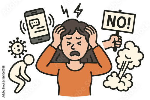 Stressed woman overwhelmed by modern life problems. Anxiety from information overload, phone, health issues, social unrest. Mental health crisis, burnout concept vector cartoon.