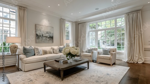 Bright living room showcases neutral tones, natural light, plush furniture, and elegant decor elements inside home.