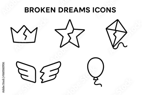 Broken Dreams Icon Collection. Cracked Crown, Shattered Star, Torn Kite, Broken Wings, Deflated Balloon. Emotional Symbol, Outline Logo Set, Metaphor Lost Hopes, Failure, Sadness, Stock Vector Art