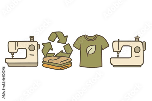 Textile recycling and sustainable fashion concept. Sewing machine, eco-friendly clothes with recycle symbol. Upcycling, mending, slow fashion. Eco conscious vector illustration.