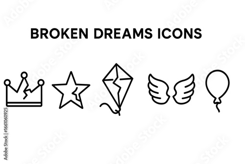 Broken Dreams Symbolic Icons Set. Cracked Crown, Shattered Star, Torn Kite, Broken Wings, Deflated Balloon. Emotional Metaphor. Failure, Lost Hope, Disappointment. Outline Vector Illustration.