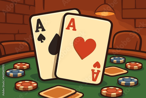 Two aces, a winning hand in a poker game. Vector illustration of a lucky card combination on a casino table with chips. Concept of gambling, fortune, risk, and victory.