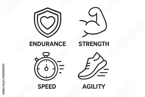 Champion Attribute Icons Vector Set. Outline Icons of Endurance, Strength Muscle, Speed Stopwatch, Agility Shoe. Fitness Training, Athlete Skills, Sports Performance Symbols Illustration