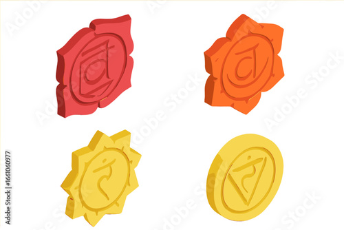 Set of 3D Root, Sacral, and Solar Plexus Chakra Symbols. Abstract Spiritual Energy Center Icons. Vibrant Red, Orange, Yellow Chakra Signs. Yoga Meditation, Wellness, Mindfulness Vector Illustration