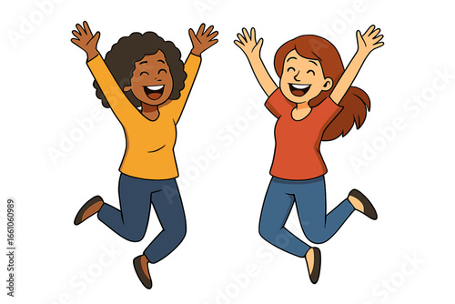 Cartoon illustration of two happy women jumping with arms raised in joyful celebration, energetic friendship, happiness concept, teamwork, playful activity, isolated on transparent background