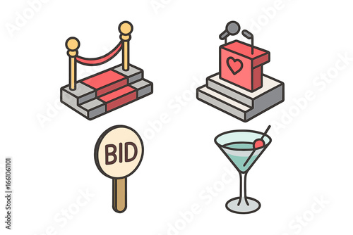 Charity Gala Event Icons Set. Isometric Vector Collection of Red Carpet Entrance, Stage Podium with Microphones, Auction Paddle Bidding Sign, and Cocktail Glass for Charity Fundraiser Party