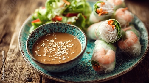 Fresh spring rolls with peanut sauce and a side salad