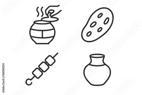 Tandoori clay oven cooking outline icon set with Indian naan bread, skewered kebab, hand opening tandoor oven, traditional clay pot. Authentic Indian cuisine vector for restaurant menu, food concepts.