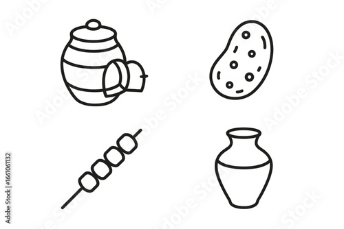 Tandoori cooking icons set. Outline vector illustration of traditional Indian clay tandoor oven, naan bread, skewered kebab, pottery pot. Authentic Asian cuisine equipment and food concepts.