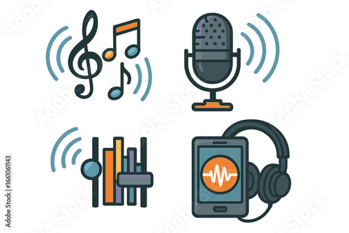 Audio and podcast icon set. Vector illustration. Music production, sound recording and media broadcasting elements. Microphone, headphones, equalizer, musical notes symbols.