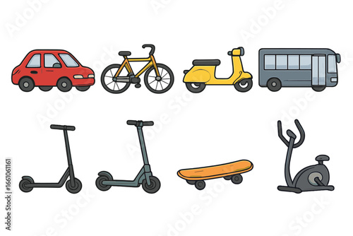 Urban mobility and active lifestyle vector set. Flat cartoon illustration of car, bicycle, scooter, bus, skateboard, fitness equipment for transport and recreation. City commuting, eco transport.