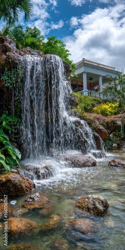 Cascading waterfall in a landscaped garden, with a house in the background