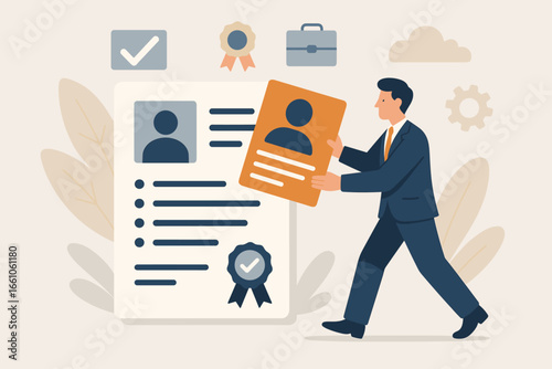 Business Resume Experience, Career Qualifications, Professional Biography, Job Opportunities Certification, Competence Expertise, Recruitment Skills Concept, Businessman Reviewing Candidate Profile