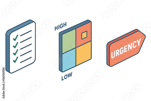 Isometric Vector Task Prioritization Icons. To-Do List Checklist, Priority Matrix High Low, Urgency Label, Time Management, Productivity, Workflow Organization, Project Planning, Business Efficiency