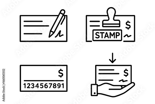 Cheque Transaction Icon Set. Outline Icons of Bank Cheque Writing, Stamped Cheque Approval, Blank Cheque with MICR Line, Money Deposit Payment, Financial Paperwork, Vector Illustration