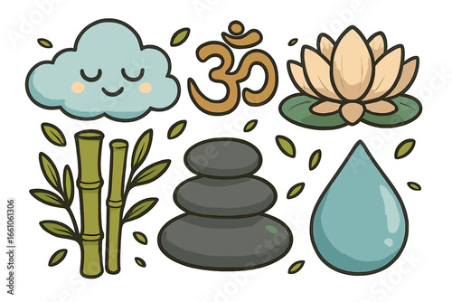 Zen meditation symbols vector set. Cartoon icons of Om, lotus, bamboo, stone stack, water drop for tranquility, relaxation, balance. Nature inspired spiritual harmony design elements.