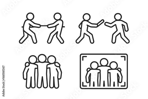 Team bonding, group activity, and team building icons set. Outline vector illustration of tug-of-war rope contest, relay baton race, team huddle, group photo. Social interaction, cooperation, teamwork