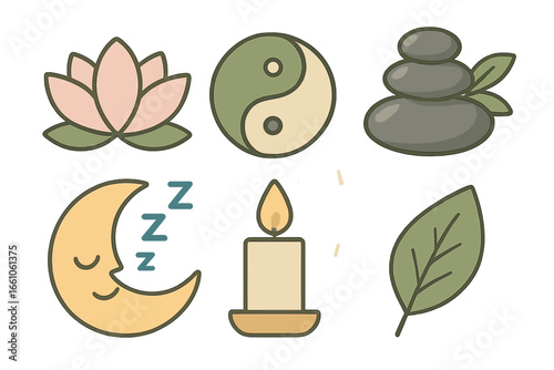 Vector icon set for meditation and relaxation. Zen symbols like lotus, yin yang, stacked stones, sleeping moon, candle, and leaf. Concepts of harmony, spa, and wellness.