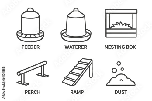Chicken Coop Essentials Vector Icons Set. Outline Icons of Poultry Feeder, Waterer, Nesting Box, Perch, Ramp, Dust Bath. Backyard Hen House Supplies Illustration. Farm Equipment Symbols