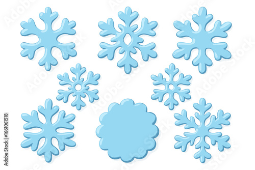 Blue fondant snowflakes for winter baking and crafts. Vector cartoon 3D illustration set. Christmas holiday decoration elements. Cute frost and snow symbols and icons collection.