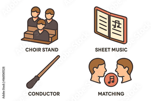 Choir Therapy Isometric Vector Icons Set. Group Singing, Choir Stand, Sheet Music Book, Conductor Baton, Voice Matching, Music Education Symbols, Choir Rehearsal Elements