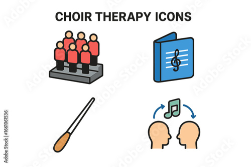 Choir Group Therapy Isometric Vector Icons Set. Choral Singing, Sheet Music Binder, Conductor Baton, Music Communication, Supportive Teamwork, Mental Health, Flat Design Illustration