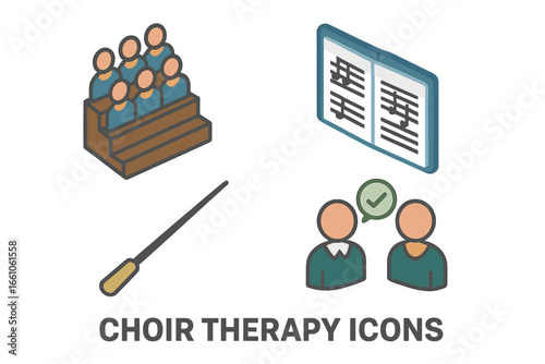 Isometric Choir Therapy Vector Icons Set. Choir Group Therapy, Choir Stand, Sheet Music Book, Conductor Baton, Singing, Music Education, Voice Coaching, Choral Session Illustration