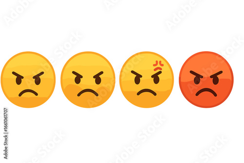 Angry emoji set showing different degrees of frustration and rage. Vector emoticon scale from annoyed to furious. Emotion icons for customer feedback, rating or mental state.
