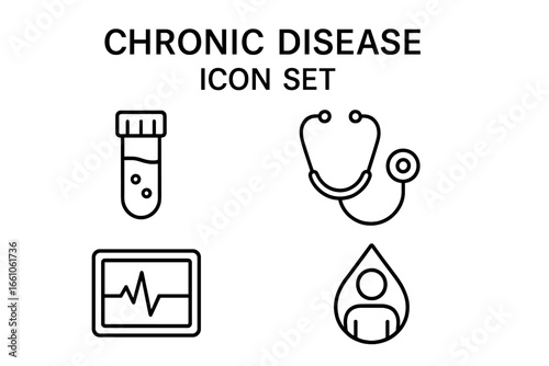 Chronic disease screening vector icon set. Outline medical icons of blood test vial, stethoscope, ECG monitor, diabetes drop. Chronic illness risk assessment, healthcare diagnostics illustration