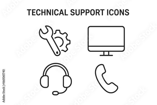 Technical support vector icons set. Helpline outline sign with wrench and gear, computer monitor, phone headset, telephone receiver, online help tools. Customer service assistance SVG.