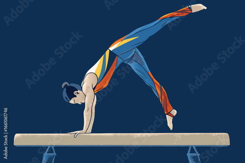 Graceful gymnast balancing expertly in a handstand on a beam, showcasing strength, flexibility, and control.