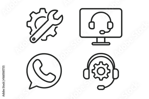 Technical Support Icon Set Outline. Vector Concept of Help Desk, Customer Service, Hotline, Phone and Online Assistance, Wrench and Gear, Computer, Headset Chat, Call Center, Transparent Background