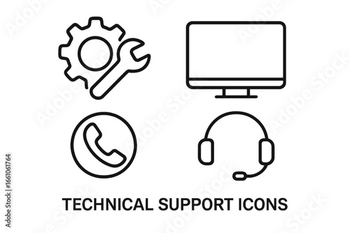 Technical support icons set outline vector. Helpline, wrench, gear, computer monitor, phone, headset, customer service, tech assistance, troubleshooting, call center, IT support, communication tools.