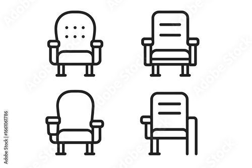 Old-School Cinema Seating Icons Set. Outline Vector Illustration of Vintage Movie Theater Seats. Velvet Chair with Folding Seat, Cupholder, Armrest, Aisle. Retro Cinema Furniture Symbols