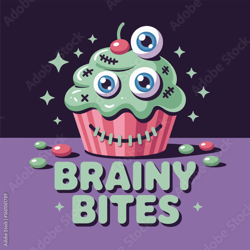 Brainy bites cyclops cupcake with stitched frosting, eyeball candies and sparkles, spooky cute bakery art, halloween vector for stickers, tags, shirts