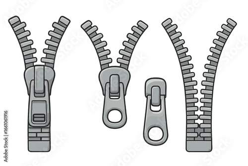 Zipper vector set showing open, closed, and slider details. Fastener for clothing, fashion, and textile design. Metal zip icon collection. Garment accessory cartoon illustration.