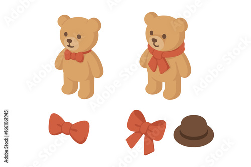 Isometric vector teddy bear fashion outfit set. Bow tie, scarf, ribbon, hat accessories icons. Cute plush animal toy dress up, children’s illustration. Isolated transparent background design elements.