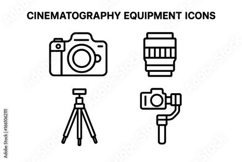 Cinematography equipment line icons set. Camera body, lens, tripod, gimbal stabilizer. Professional film production tools. Outline vector illustration for videography, filmmaking, media, studio