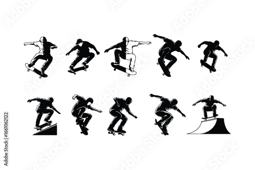 Ten Black Silhouettes of Skateboarders Performing Tricks on White Background skateboarding action
