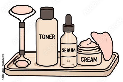 Skincare routine set with face roller, gua sha, toner, serum, cream. Vector illustration of cosmetic products for beauty, self-care, and facial massage. Dermatology concept.