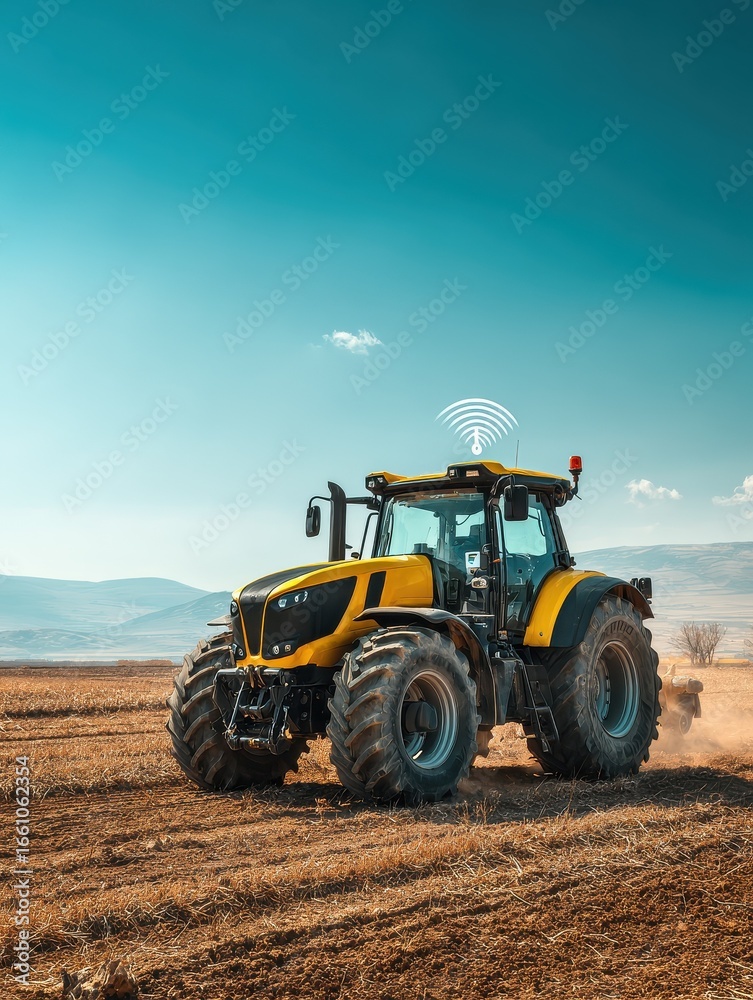 Fototapeta premium modern tractor working in agricultural field with gps equipment precision farming concept clear blue sky