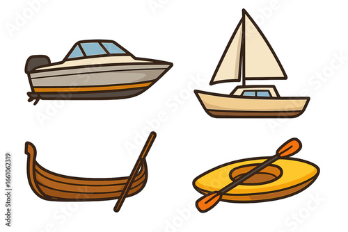 Boat set vector icon collection. Cartoon water transport illustration. Marine travel and leisure concept. Speedboat, sailboat, kayak, viking ship. Sea, ocean, river vessel design.