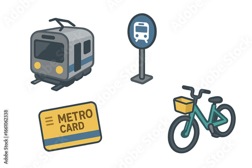 Urban Commuting Icons. Isometric Flat Vector Set of Subway Train, Metro Card, Bike Share, Bus Stop Sign. Public Transport Symbols, City Transportation Elements, Modern Transit Illustration