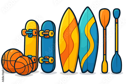 Sports equipment collection vector illustration. Cartoon set of basketball, skateboard, surfboard, paddle. Active lifestyle, recreation, and fun summer hobby items isolated.