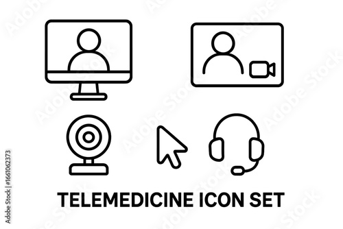 Telemedicine virtual medical care outline icon set. Video conference doctor patient, webcam, headset, mouse cursor, computer monitor. Healthcare online consultation vector illustration isolated.