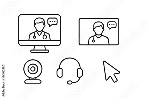Telemedicine concept vector icon set. Outline icons of virtual medical consultation, computer screen doctor, videocall window, webcam, headset, mouse cursor. Online healthcare technology.