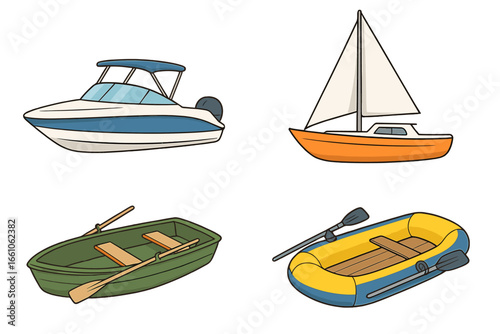 Set of cartoon boats vector collection. Motorboat, sailboat, rowboat, and inflatable dinghy. Water transport icons for marine leisure, travel, fishing, and recreation concept.